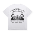PSF Collective The Padel Clubhouse Box Tee 1 is a white cotton shirt featuring a black line art illustration of a grand building and palm trees centered on the back. Above the building, bold text reads INTERNATIONAL PADEL CLUB, while below are the words: PLAY. CONNECT. BELONG. This design highlights sustainable production and exclusive clubhouse style. Designed for the Unwind
