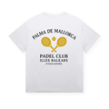 PSF Collective Introducing the Palma Padel Club Tee: a white box tee showcasing bold black text—‘PALMA DE MALLORCA PADEL CLUB ILLES BALEARS 07009 ESPAÑA’—arranged above and below a central graphic of two crossed yellow padel rackets and a padel ball on the back. This sporty tee embodies the vibrant spirit of Palma de Mallorca. Designed for the Unwind