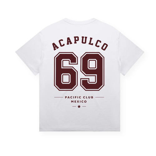 PSF Collective Acapulco ’69 Tee in White features “ACAPULCO” in bold maroon lettering above a prominent “69,” with smaller maroon text reading “PACIFIC CLUB MEXICO” and a star below. The premium quality design is centered on the back of the shirt. Designed for the Unwind
