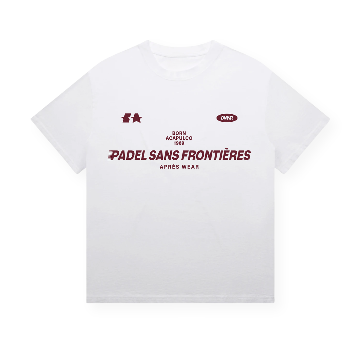 PSF Collective The Acapulco ’69 Tee in White features maroon text reading “PADEL SANS FRONTIÈRES APRÈS WEAR, BORN ACAPULCO 1990” along with small star and oval logos above the main design. Centered on the chest, this premium quality T-shirt is perfect for padel enthusiasts who value style and an eco-friendly touch. Designed for the Unwind