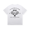 PSF Collective Introducing the Classic Rackets Tee1: a white unisex box tee featuring a minimalist black vintage-inspired graphic of two crossed padel rackets with a small leaf between them and the text “LA CULTURE DU COURT, PSF, EST. 1969, PADEL SANS FRONTIÈRES.” This sporty style pays homage to authentic racket culture. Designed for the Unwind