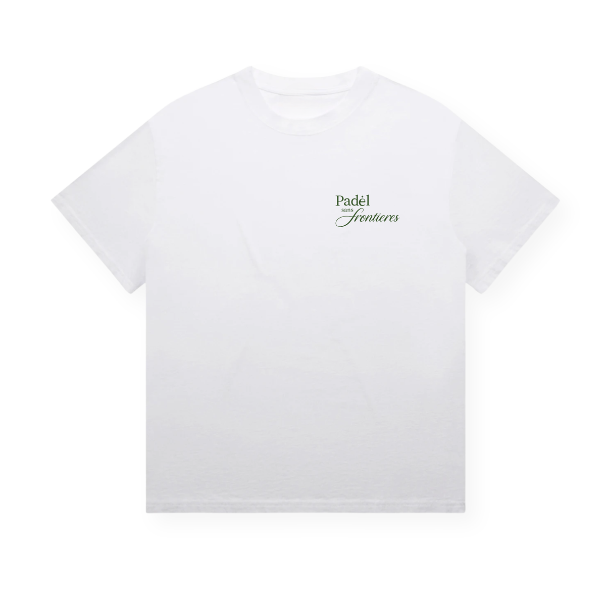 PSF Collective The Classic Rackets Tee1, a plain white unisex box tee, is displayed laid flat against a white background. On the left chest area, small green text reading “Padel Features” appears in a simple serif font, paying homage to racket culture. This short-sleeved shirt features no other designs or patterns. Designed for the Unwind