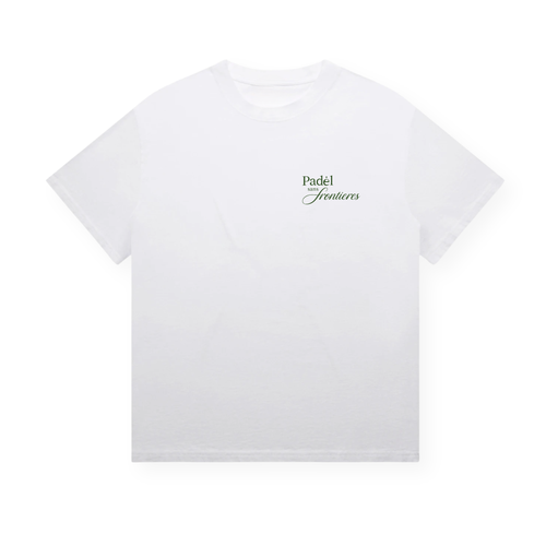 PSF Collective The Classic Rackets Tee1, a plain white unisex box tee, is displayed laid flat against a white background. On the left chest area, small green text reading “Padel Features” appears in a simple serif font, paying homage to racket culture. This short-sleeved shirt features no other designs or patterns. Designed for the Unwind