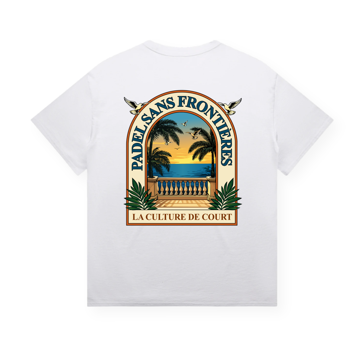 PSF Collective The Terrace View Tee is a white t-shirt featuring a vibrant retro postcard-inspired graphic on the back: palm trees, a balcony overlooking an ocean sunset, soaring birds, and “PADEL SANS FRONTIÈRES” arched above. A brown banner below reads “LA CULTURE DE COURT,” flanked at the top corners by two small doves. This perfect summer nostalgia shirt captures laid-back vibes with its colorful palm tree design. Designed for the Unwind