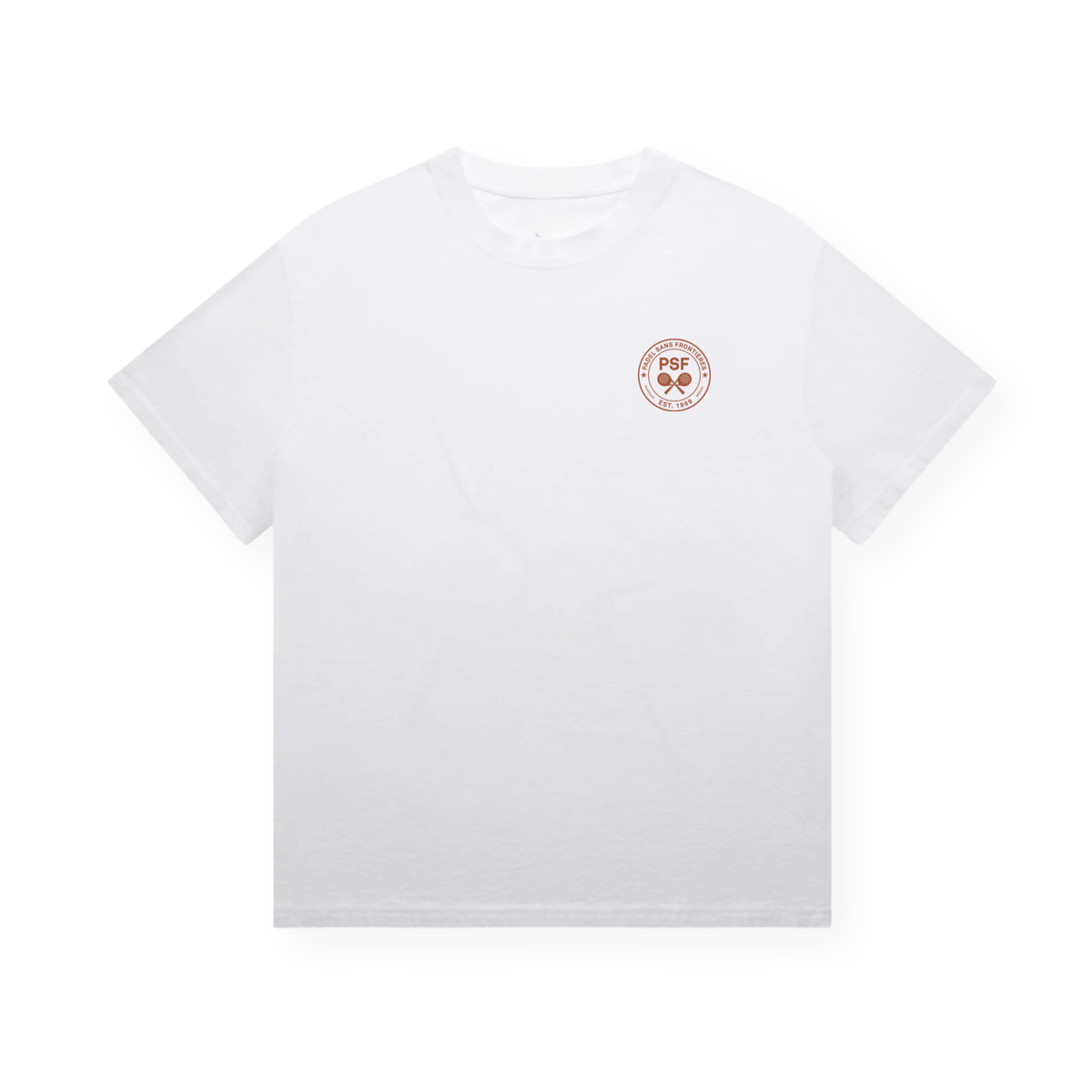 PSF Collective A Sunsmash Tee1, a plain white short-sleeve t-shirt, lies flat on a solid white background. It features a small circular brown and orange logo with the text “PSF” and stylized Python snake symbols on the left chest, making this sporty graphic tee perfect for any casual club shirt collection. Designed for the Unwind