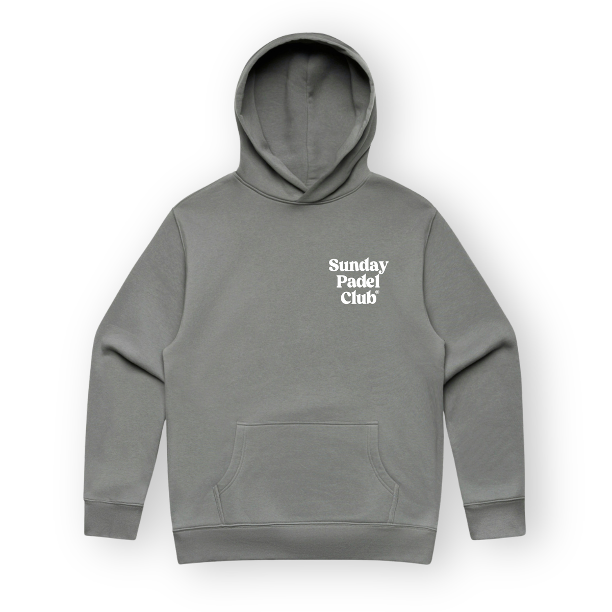 PSF Collective The Sunday Padel Club Hoodie in Shadow is a charcoal grey hoodie featuring a hood, long sleeves, a front kangaroo pocket, and the brand name printed in white rounded lettering on the upper left chest against a plain, light background. Designed for the Unwind