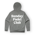 PSF Collective The Sunday Padel Club Hoodie in Shadow shown from the back, featuring a white serif text graphic centered on the upper back, a standard hood, long sleeves, and a ribbed hem. Designed for the Unwind