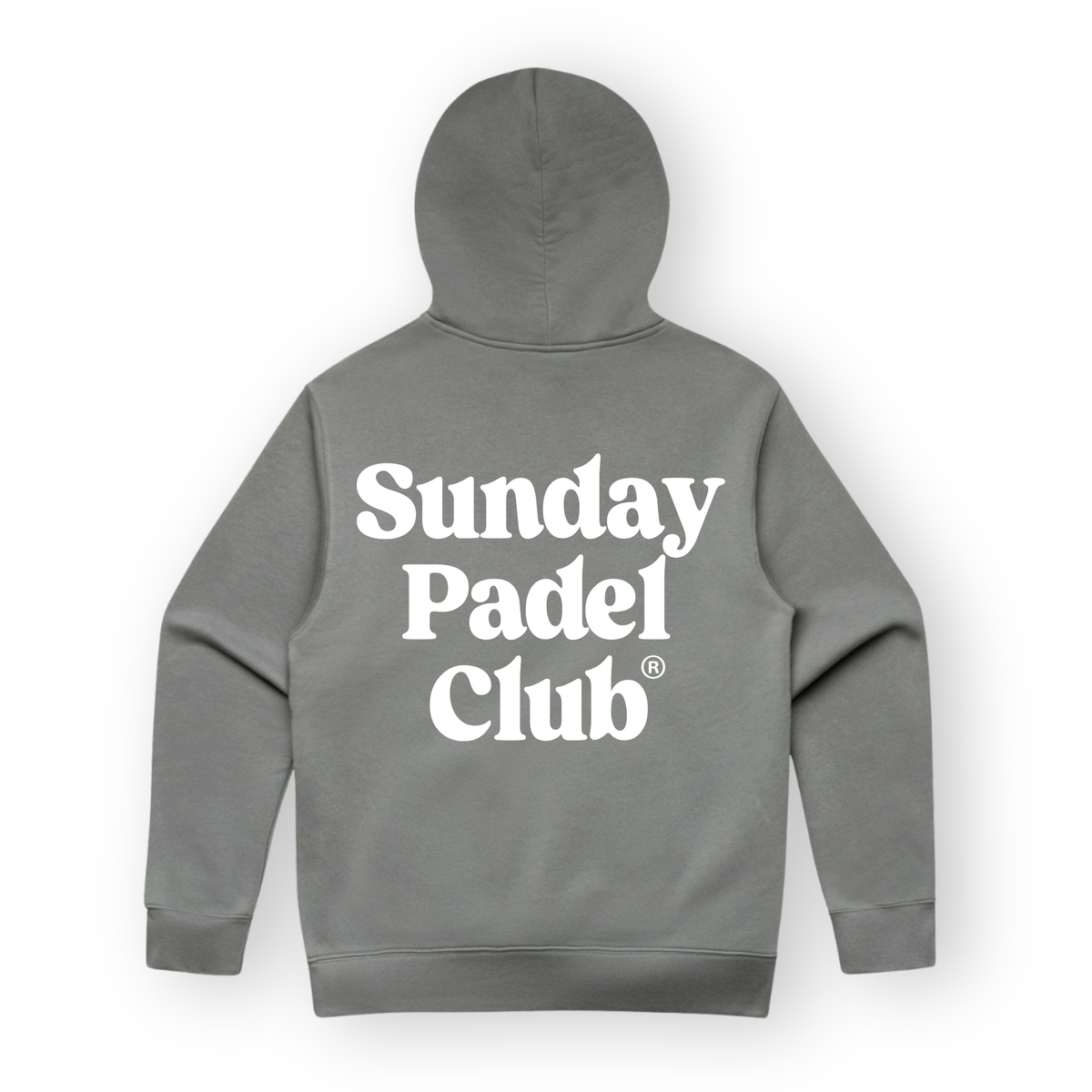 PSF Collective The Sunday Padel Club Hoodie in Shadow shown from the back, featuring a white serif text graphic centered on the upper back, a standard hood, long sleeves, and a ribbed hem. Designed for the Unwind