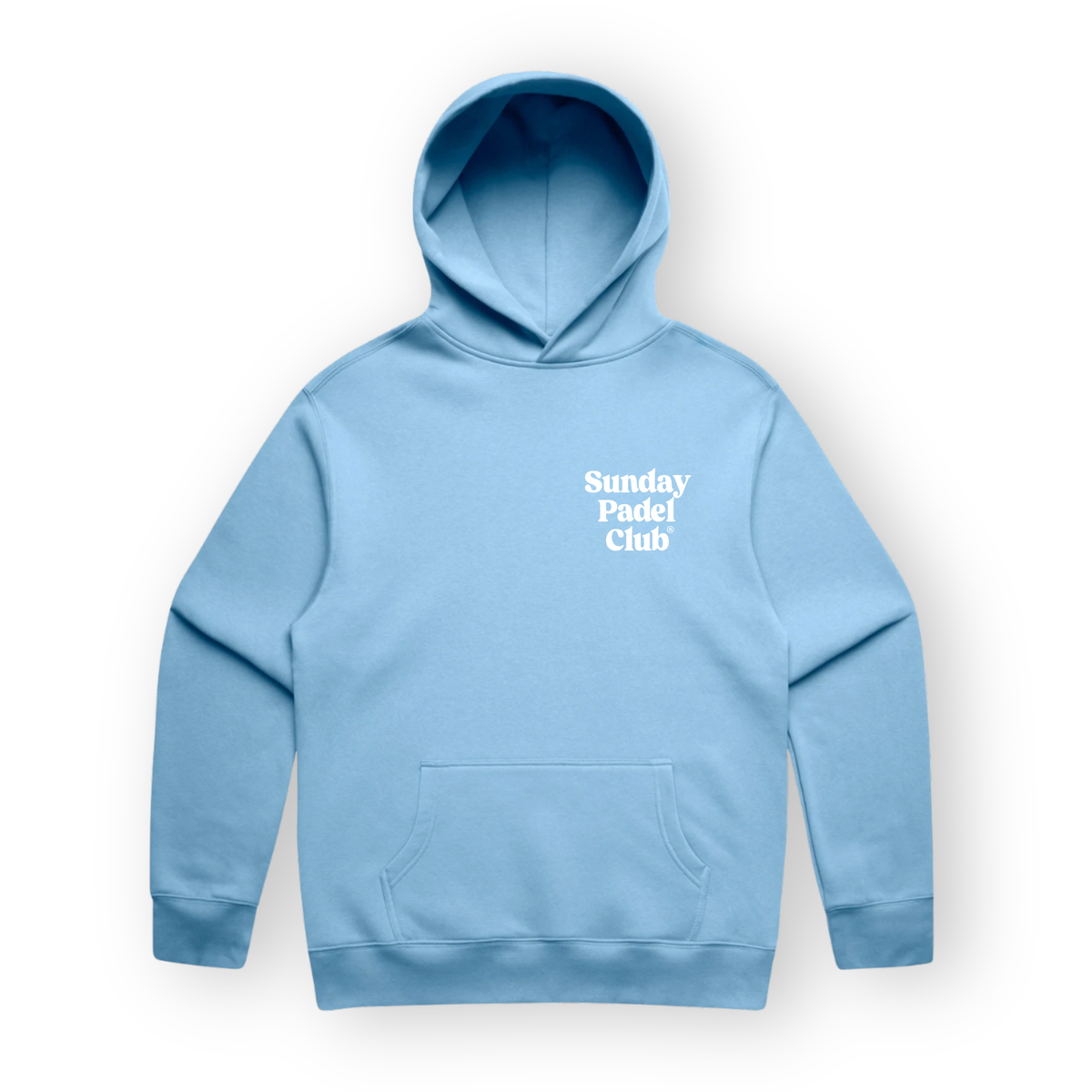 PSF Collective A Carolina blue Sunday Padel Club Hoodie features a front pouch pocket, ribbed cuffs, and white, rounded lettering on the upper left chest. Designed for the Unwind