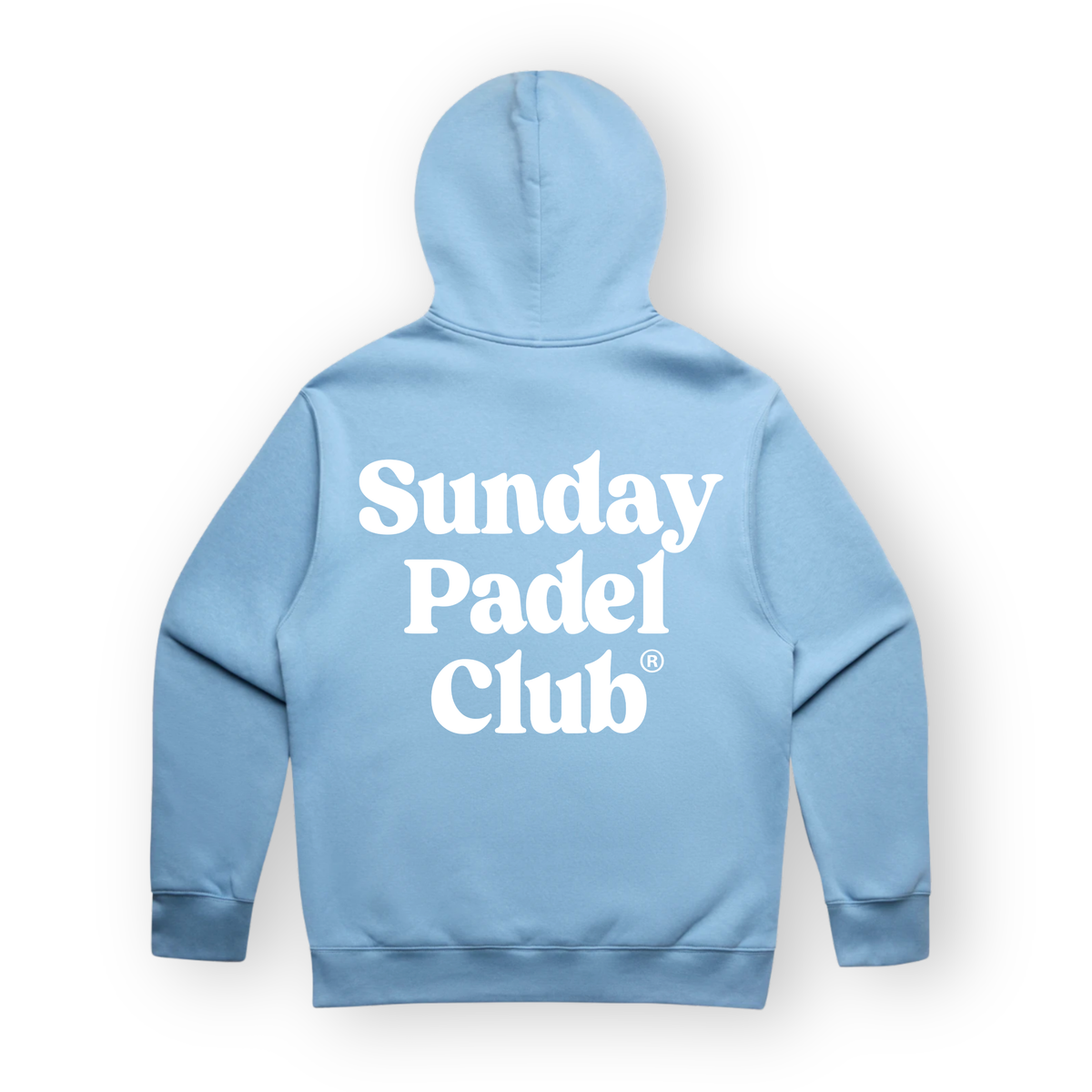 PSF Collective The back of a light blue Sunday Padel Club Hoodie in Carolina Blue is shown against a white background, featuring the brand name in large, bold, white lettering. Designed for the Unwind