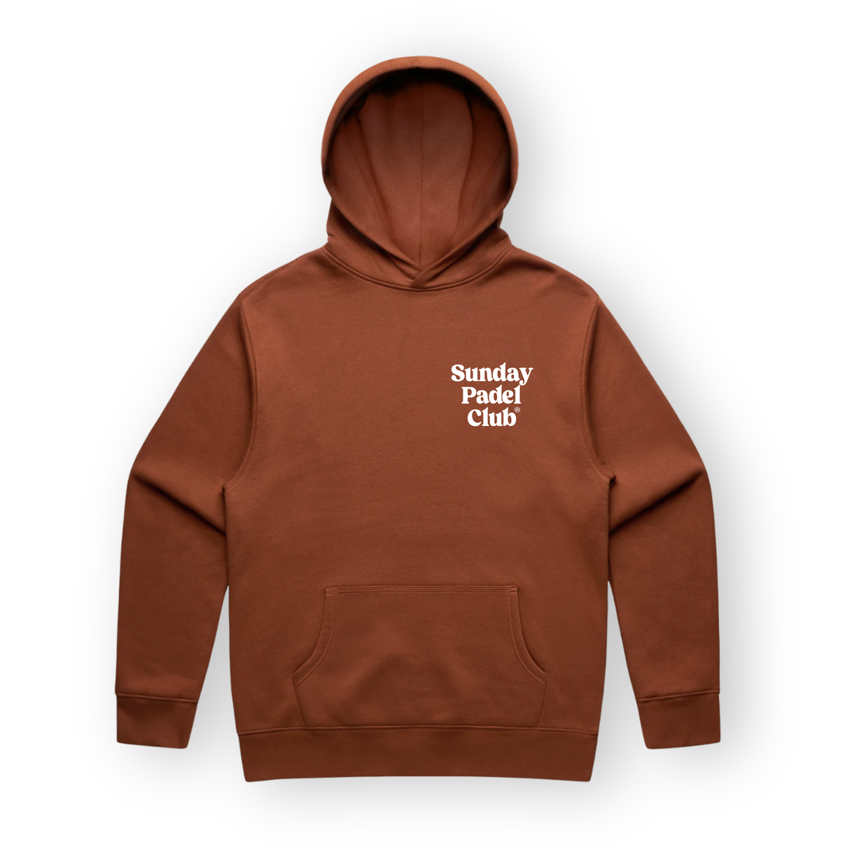 PSF Collective A clay-colored Sunday Padel Club Hoodie in Clay laid flat against a white background, featuring a front kangaroo pocket, a lined hood, and the brand name in a white, stylized serif font on the chest. Designed for the Unwind