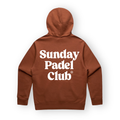 PSF Collective The back of a clay-colored Sunday Padel Club Hoodie with the hood pulled up, featuring the white, bold text Sunday Padel Club and a registration symbol centered on the back. Designed for the Unwind