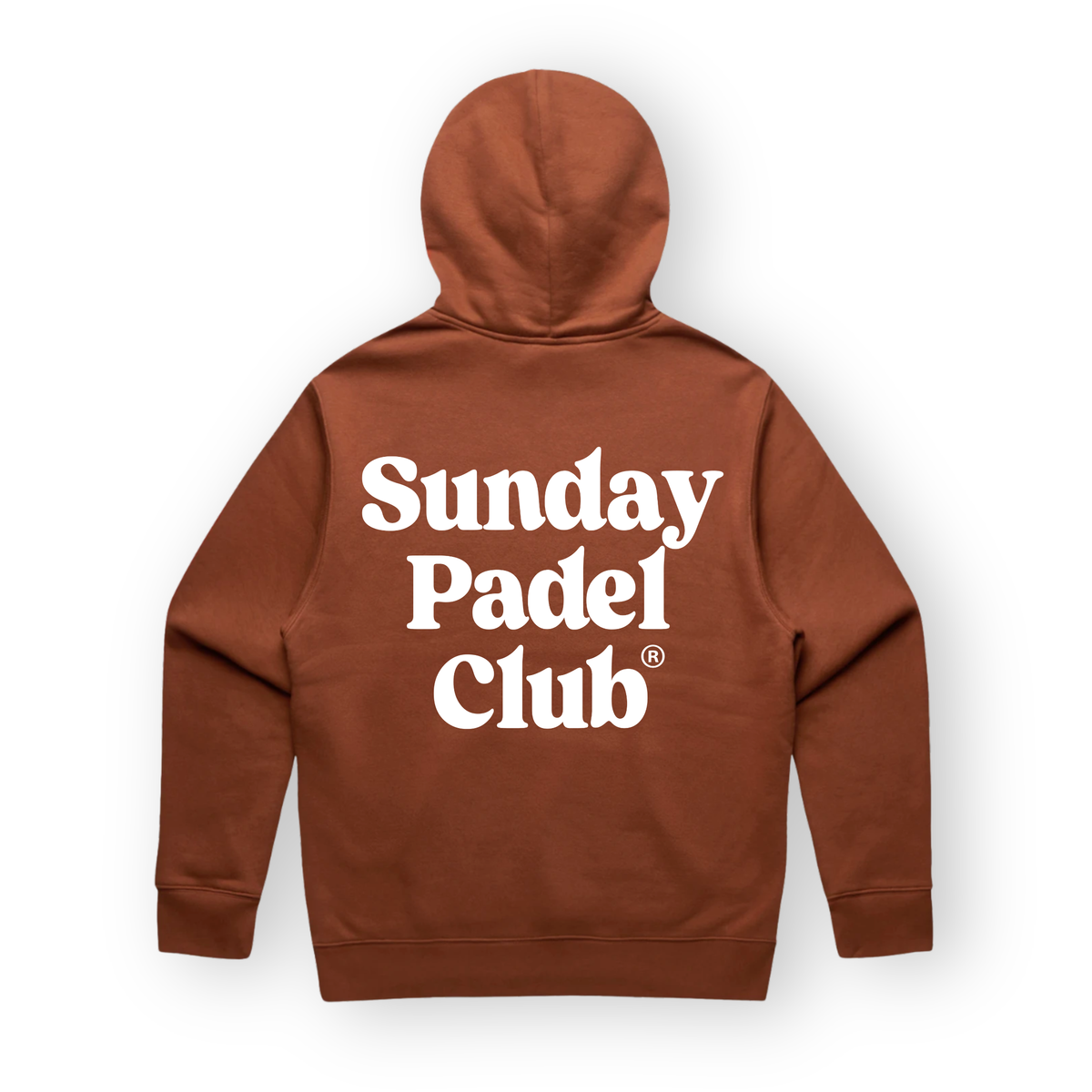 PSF Collective The back of a clay-colored Sunday Padel Club Hoodie with the hood pulled up, featuring the white, bold text Sunday Padel Club and a registration symbol centered on the back. Designed for the Unwind
