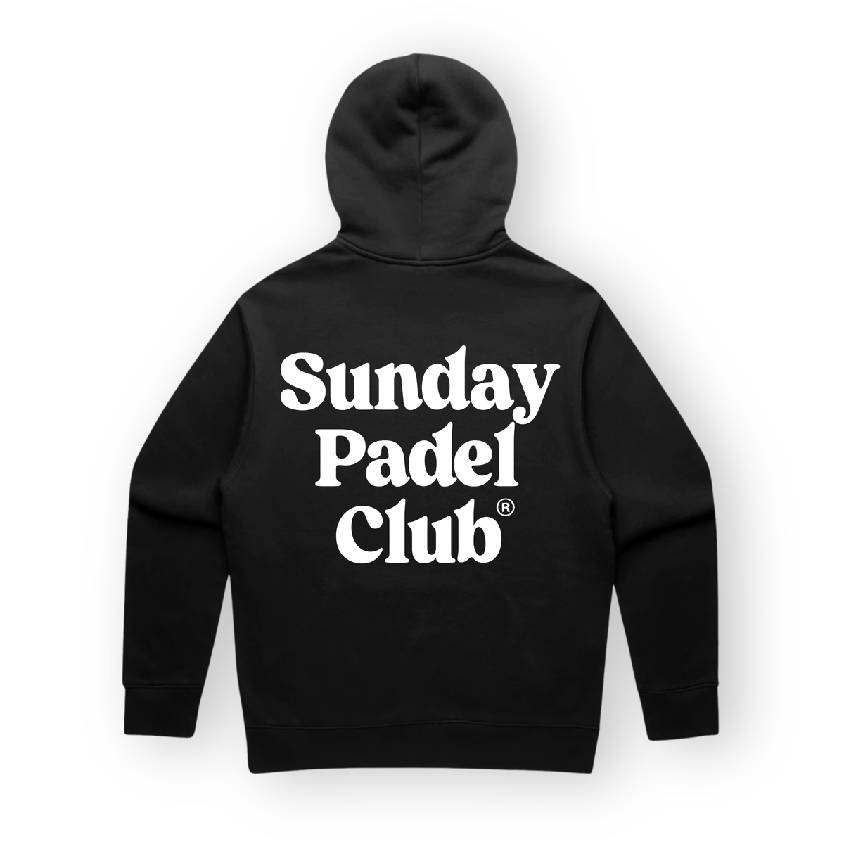 PSF Collective The back of a black Sunday Padel Club Hoodie featuring the brand name in large, bold, white serif lettering centered against a white background. Designed for the Unwind