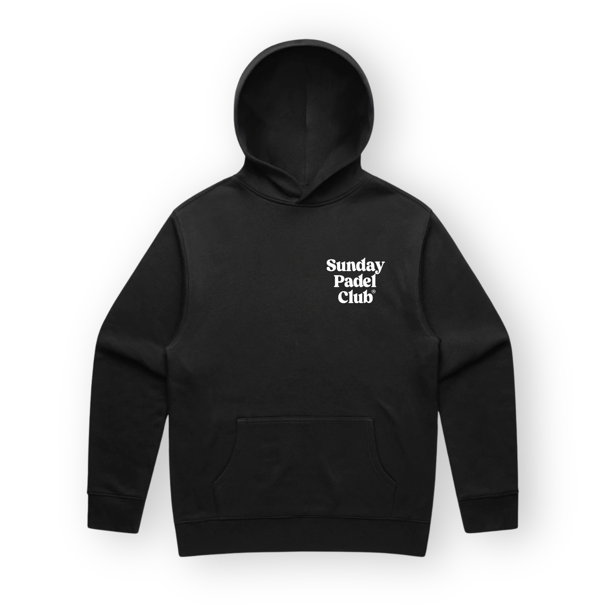PSF Collective A black Sunday Padel Club Hoodie in Black with long sleeves, a front kangaroo pocket, and the words Sunday Padel Club printed in a white, rounded serif font on the left chest. Designed for the Unwind