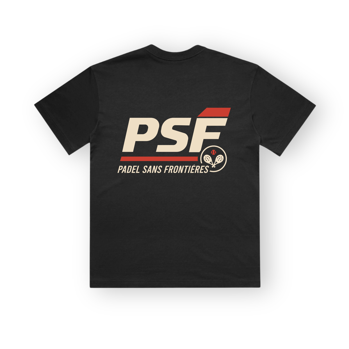 PSF Collective Back view of the black short-sleeved vintage Hotline Tee, featuring a retro graphic of cream PSF letters with a red stripe, the text PADEL SANS FRONTIÈRES, and a circular icon showing two padel rackets and a ball. Designed for the Unwind
