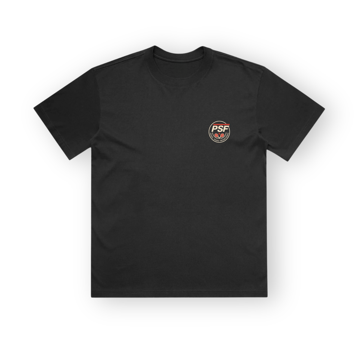 PSF Collective A black, short-sleeved Hotline Tee centered against a white background, featuring a small circular logo on the left chest with two tennis rackets, the letters PSF, and the text PURE SANS FRONTIERES. Designed for the Unwind