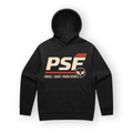 PSF Collective A black sustainable Hotline Hoodie with long sleeves and a kangaroo pocket, featuring a retro chest graphic with cream-colored text, a red underline, the words PADEL SANS FRONTIERES, and an icon of two crossed padel rackets. Designed for the Unwind