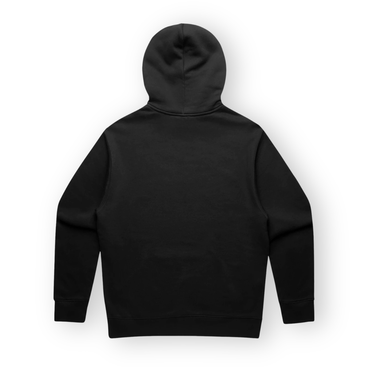 PSF Collective Back view of a solid black retro Hotline Hoodie against a plain white background, featuring long sleeves, a large hood, and a ribbed hem. Designed for the Unwind