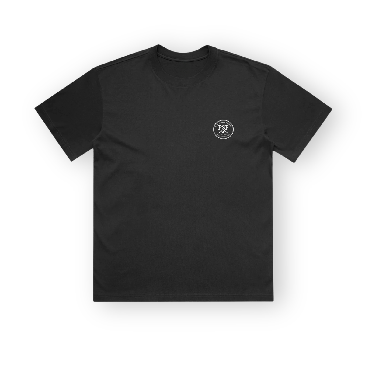 PSF Collective A premium black White Ink Tee displayed flat against a white background, featuring a circular white International Padel Club logo with crossed tools and the letters PSF printed on the upper left chest. Designed for the Unwind