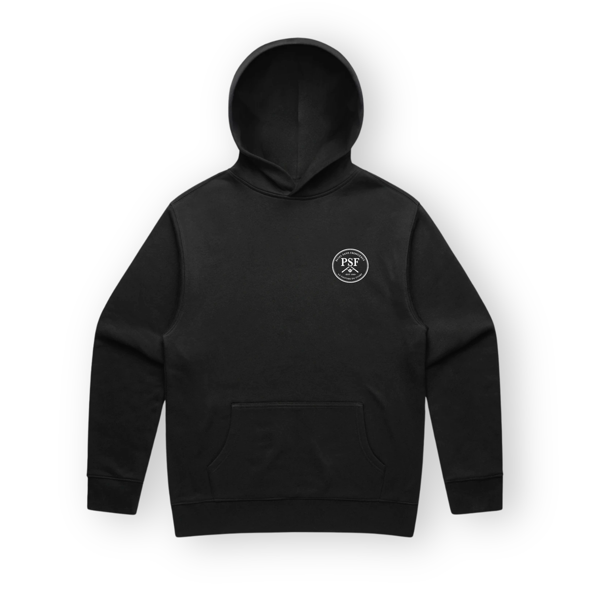 PSF Collective A black sustainable White Ink Hoodie featuring a front kangaroo pocket and a circular white Professional Staffing logo on the upper left chest. Designed for the Unwind