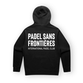 PSF Collective The back of a black White Ink Hoodie against a plain white background, featuring the white text PADEL SANS FRONTIÈRES and INTERNATIONAL PADEL CLUB printed on the upper back. Designed for the Unwind