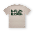 PSF Collective The back view of a light beige Green Ink Box Tee against a white background, featuring PADEL SANS FRONTIÈRES in bold, dark green capital letters with INTERNATIONAL PADEL CLUB in a smaller font below. Designed for the Unwind