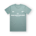 PSF Collective A sage green PSF-104 crew-neck padel t-shirt is laid flat against a white background, featuring white screen-printed text on the chest reading BORN ACAPULCO 1969, PADEL SANS FRONTIÈRES, and APRÈS WEAR, accented by small graphic icons at the top corners. Designed for the Unwind