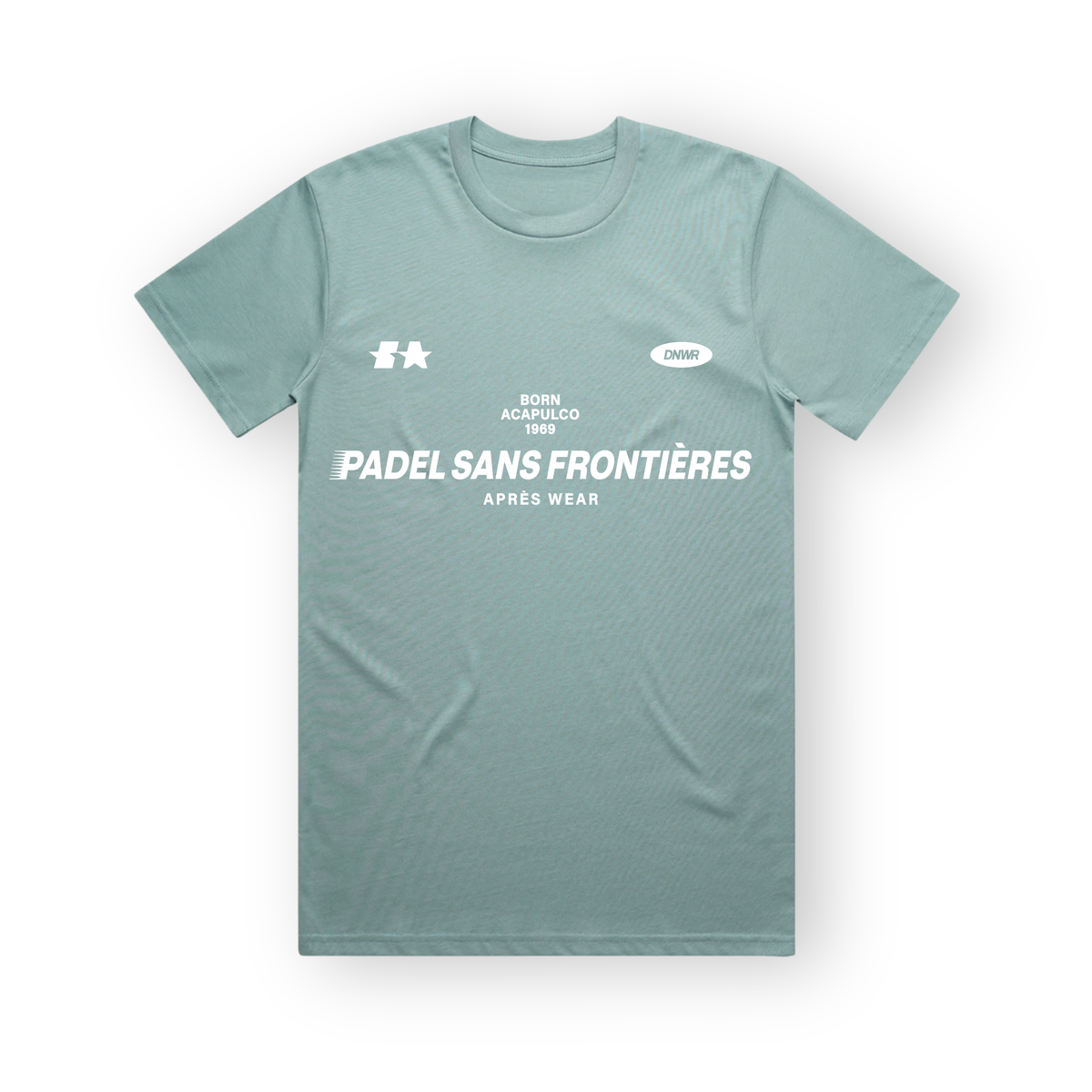 PSF Collective A sage green PSF-104 crew-neck padel t-shirt is laid flat against a white background, featuring white screen-printed text on the chest reading BORN ACAPULCO 1969, PADEL SANS FRONTIÈRES, and APRÈS WEAR, accented by small graphic icons at the top corners. Designed for the Unwind