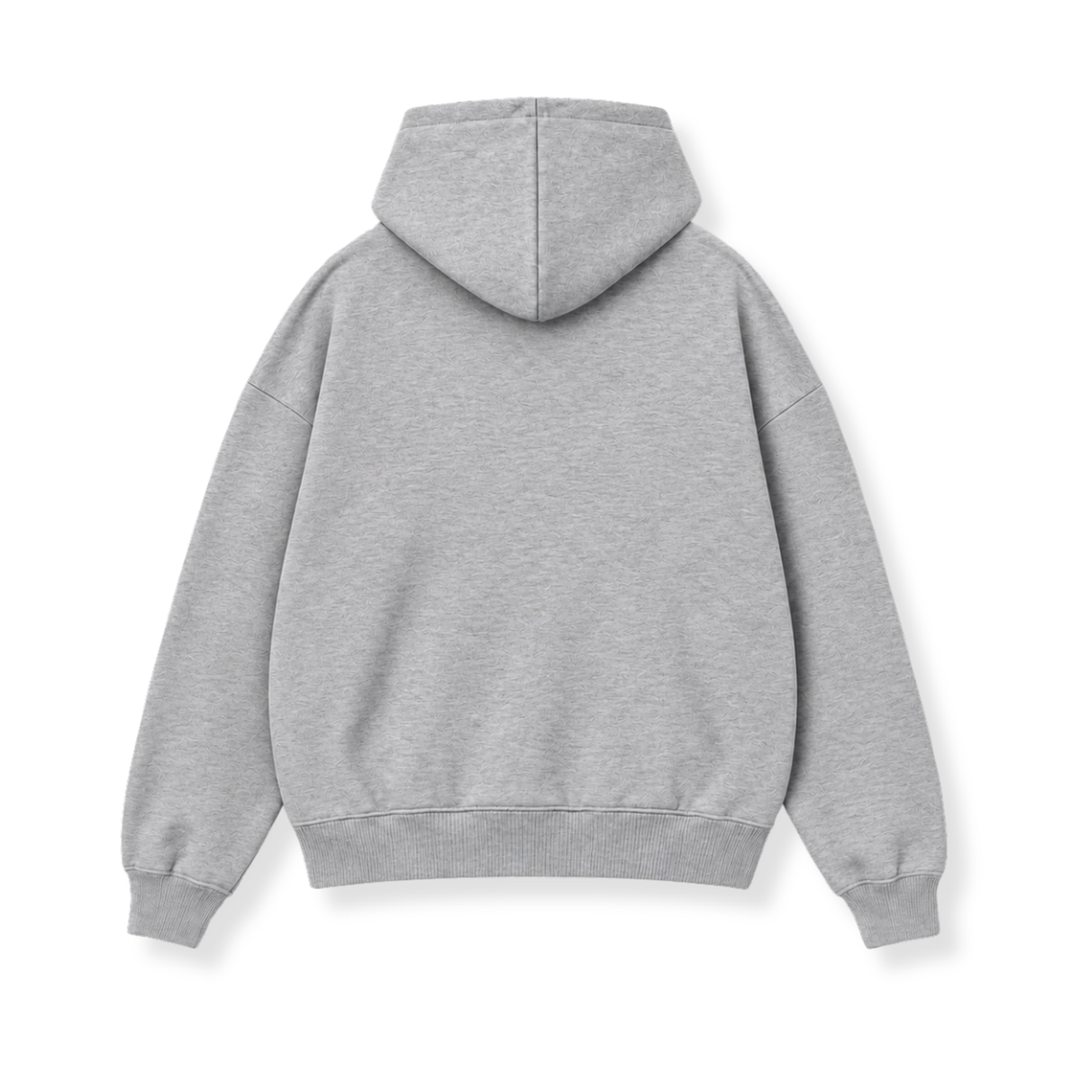 PSF Collective A heather grey Acapulco Heater Grey Hoodie shown from the back against a plain white background, featuring long sleeves with ribbed cuffs, a ribbed hem, and a simple hood. Designed for the Unwind