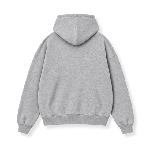 PSF Collective A heather grey Acapulco Heater Grey Hoodie shown from the back against a plain white background, featuring long sleeves with ribbed cuffs, a ribbed hem, and a simple hood. Designed for the Unwind