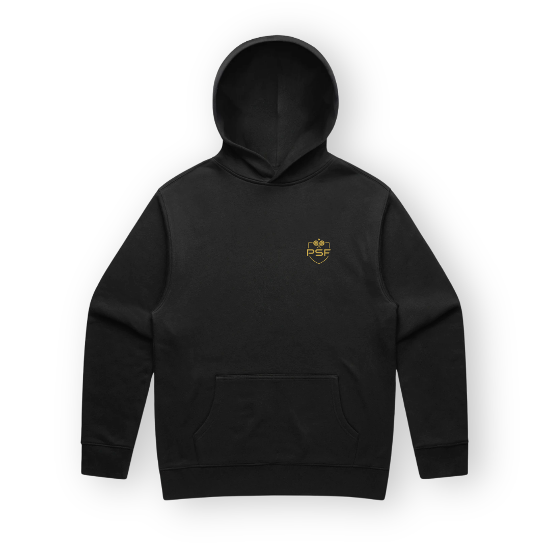 PSF Collective The black long-sleeved PSF On Court Hoodie features a front kangaroo pocket and a small gold shield emblem with the letters PSF and a tennis ball icon on the left chest. Designed for the Unwind