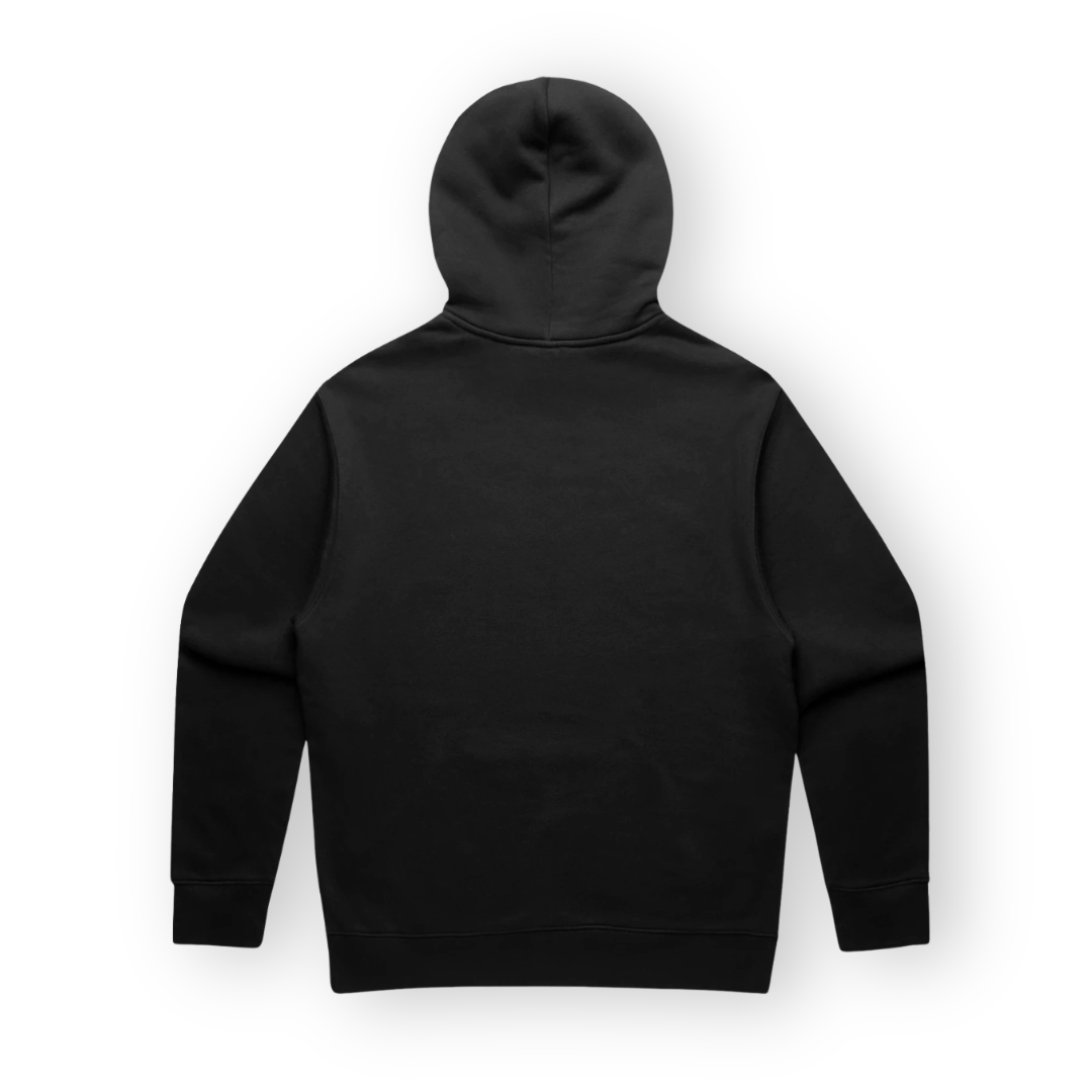 PSF Collective The back view of a solid black, long-sleeved PSF On Court Hoodie featuring a minimalist design with a drawstring-free hood, ribbed cuffs, and a straight hem, set against a plain white background. Designed for the Unwind