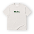 PSF Collective A cream-colored, short-sleeved PSF-108 Apres Padel t-shirt is centered against a white background, featuring a dark green chest graphic with the text PSF, PADEL SANS FRONTIÈRES, and a small star icon within a rectangular border. Designed for the Unwind