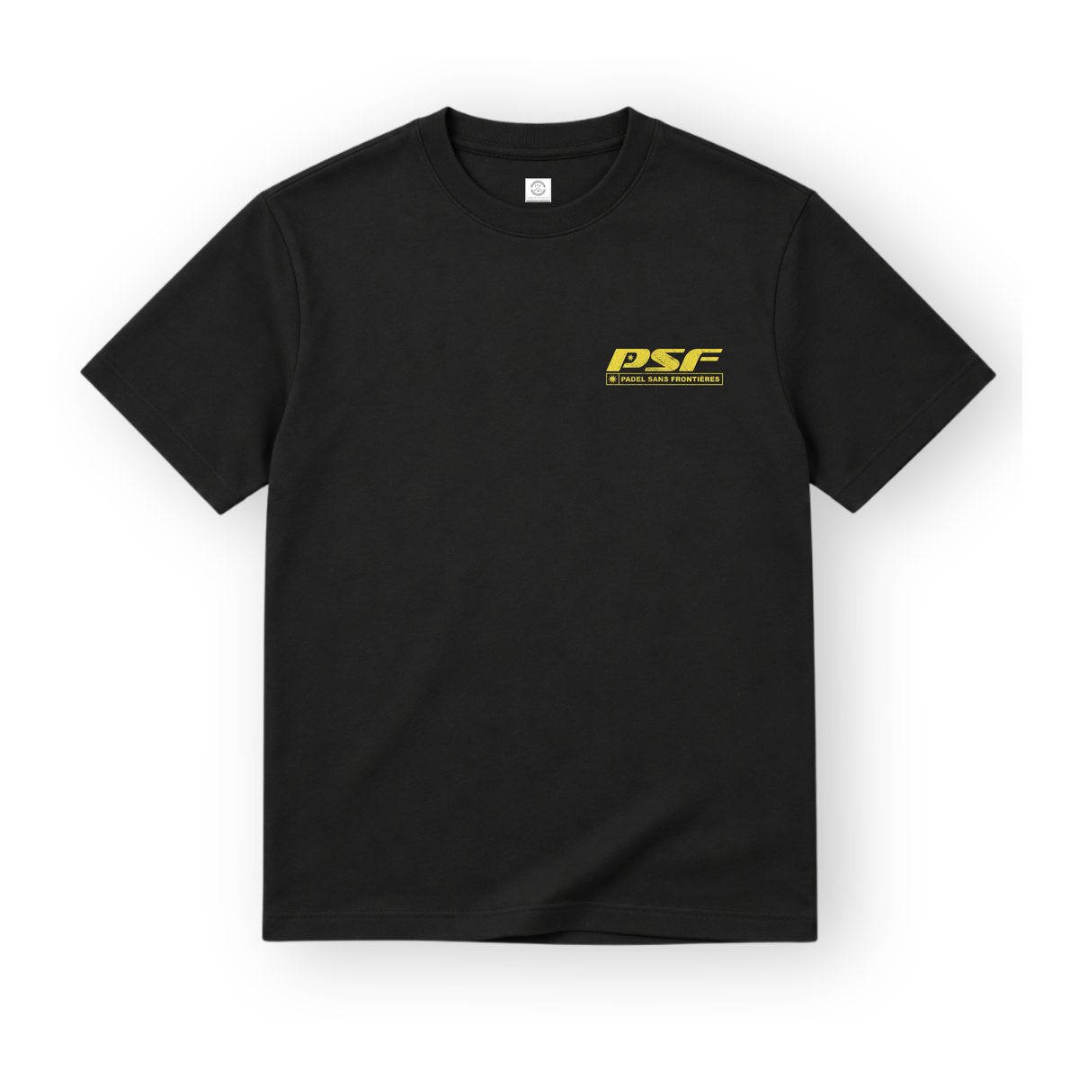 PSF Collective A black short-sleeved PSF-110 Padel wear t-shirt is laid flat against a plain white background, featuring a yellow graphic on the left chest with the letters PSF above the text PADEL SANS FRONTIÈRES. Designed for the Unwind
