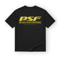 PSF Collective The back view of a black, short-sleeved PSF-110 padel shirt featuring a distressed yellow graphic with PSF above PADEL SANS FRONTIÈRES in a box and DESIGNED FOR THE PLAYERS below. Designed for the Unwind
