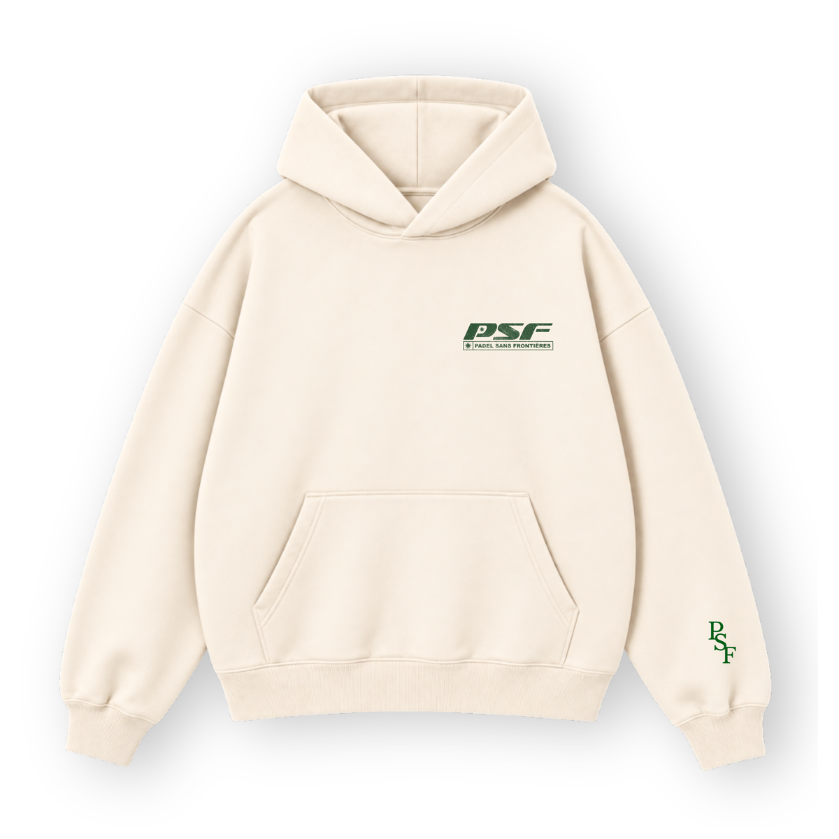PSF Collective The PSF-111 is a cream-colored hooded sweatshirt for padel wear, featuring a dark green PSF logo with PADEL SANS FRONTIÈRES text on the left chest, a vertical logo on the left cuff, a front kangaroo pocket, and ribbed cuffs and hem. Designed for the Unwind
