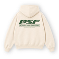 PSF Collective The back of a cream-colored PSF-111 hooded sweatshirt features a dark green graphic of PSF in distressed lettering above PADEL SANS FRONTIÈRES and DESIGNED FOR THE PLAYERS, all framed within a rectangular border. Designed for the Unwind