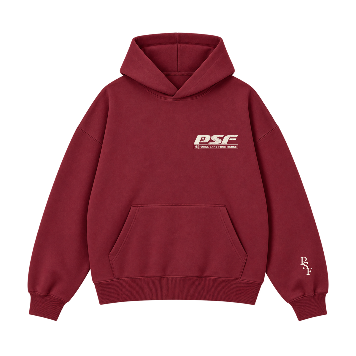 PSF Collective A maroon PSF-112 hooded sweatshirt for padel, featuring a front kangaroo pocket, white PSF PADEL SANS FRONTIÈRES text on the chest, and a vertical PSF logo on the left sleeve cuff. Designed for the Unwind