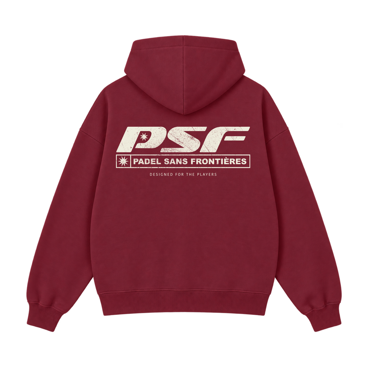 PSF Collective The back of the PSF-112 maroon hooded sweatshirt features a distressed white graphic reading PSF, followed by a box containing PADEL SANS FRONTIÈRES and DESIGNED FOR THE PLAYERS, ideal for the court or après padel. Designed for the Unwind