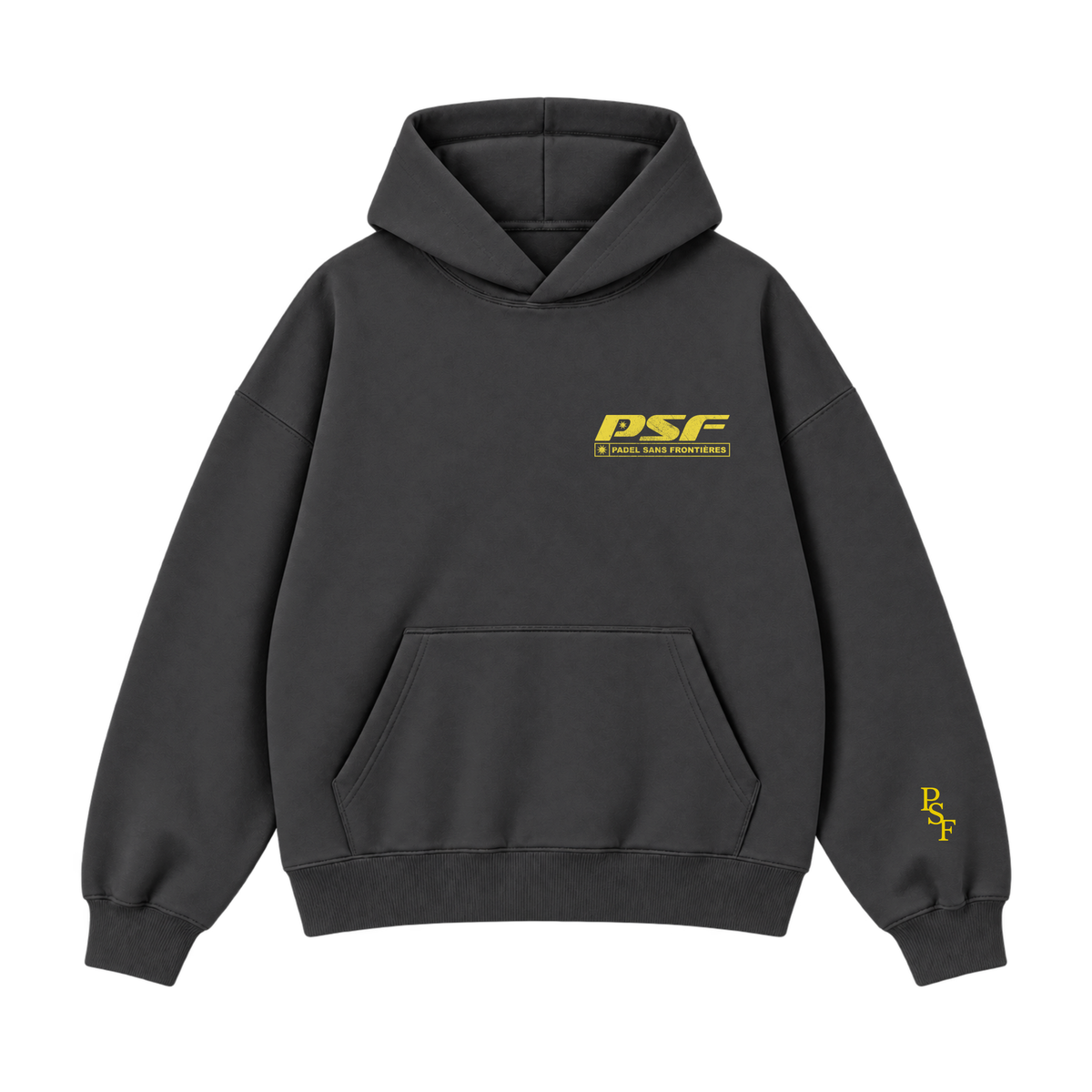 PSF Collective The PSF-113 is an oversized, charcoal grey Padel hoodie with a front kangaroo pocket, featuring a yellow PSF PADEL SANS FRONTIÈRES logo on the chest and a smaller stacked yellow PSF logo on the left sleeve cuff. Designed for the Unwind
