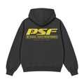 PSF Collective The back view of a dark gray PSF-113 Apres Padel pullover hoodie, featuring large yellow text reading PSF with a star icon, PADEL SANS FRONTIÈRES in a frame, and DESIGNED FOR THE PLAYERS below. Designed for the Unwind