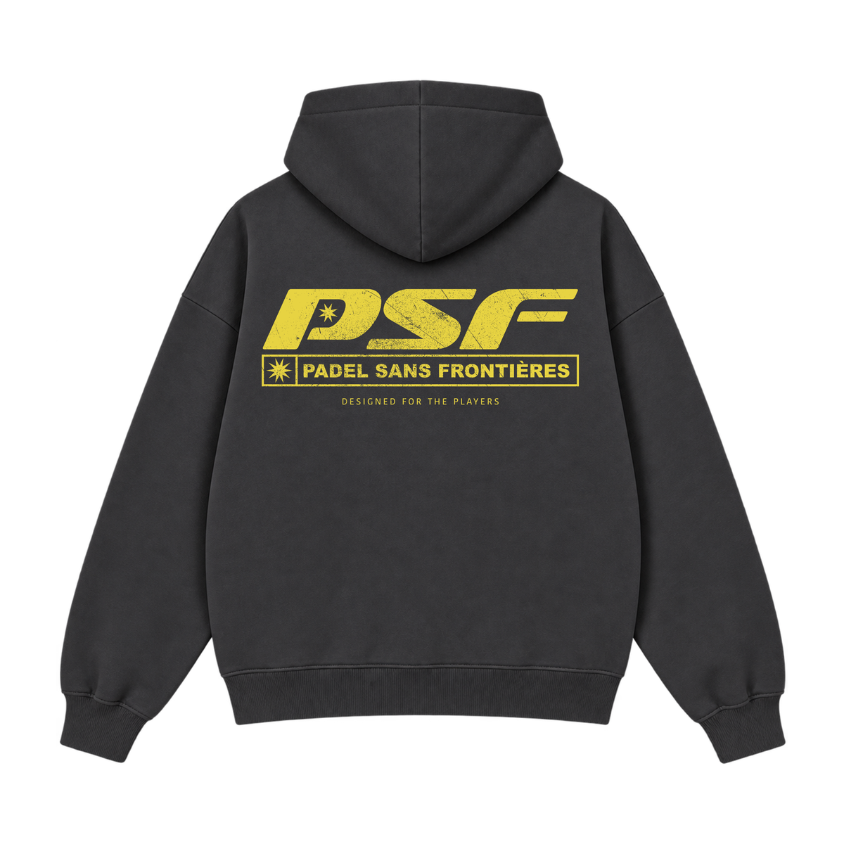 PSF Collective The back view of a dark gray PSF-113 Apres Padel pullover hoodie, featuring large yellow text reading PSF with a star icon, PADEL SANS FRONTIÈRES in a frame, and DESIGNED FOR THE PLAYERS below. Designed for the Unwind