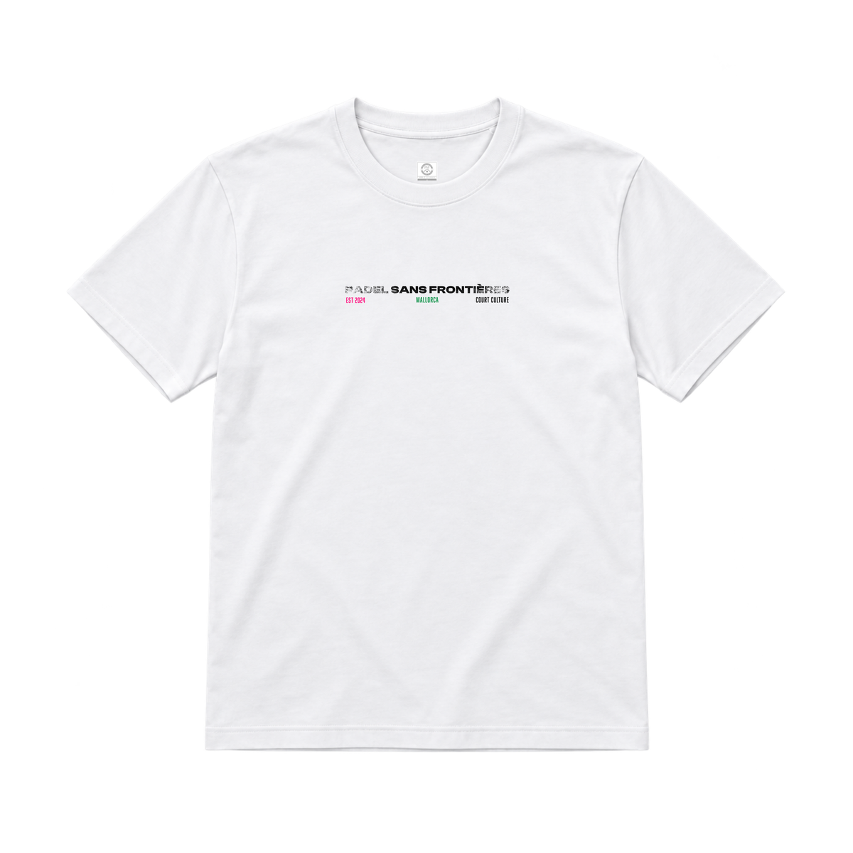 PSF Collective The PSF-114 white short-sleeved crew neck Padel wear t-shirt features the centered text PADEL SANS FRONTIÈRES, with smaller black, pink, and green text below reading EST 2024, MALLORCA, and COURT CULTURE against a plain white background. Designed for the Unwind