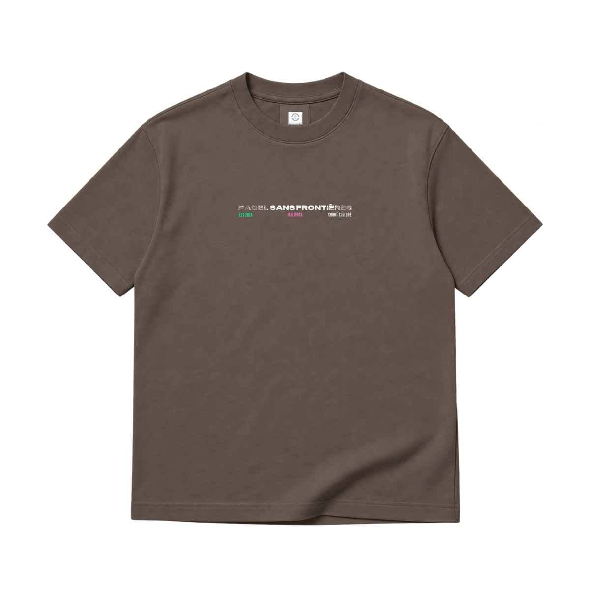 PSF Collective PSF-115 is a muted taupe brown short-sleeved crew neck padel t-shirt with PADEL SANS FRONTIÈRES in white, EST 2024 in green, MALLORCA in red, and COURT CULTURE in white printed on the chest. Designed for the Unwind