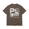 PSF Collective Back view of the brown short-sleeved PSF-115 padel t-shirt featuring a large, distressed white graphic with PSF, PADEL SANS FRONTIÈRES, EST 2024, MALLORCA, and COURT CULTURE. Designed for the Unwind