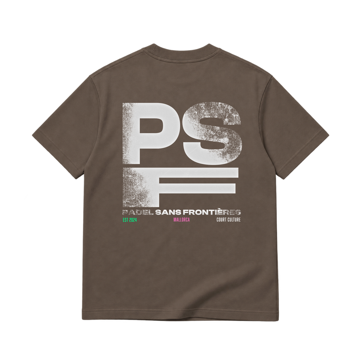 PSF Collective Back view of the brown short-sleeved PSF-115 padel t-shirt featuring a large, distressed white graphic with PSF, PADEL SANS FRONTIÈRES, EST 2024, MALLORCA, and COURT CULTURE. Designed for the Unwind