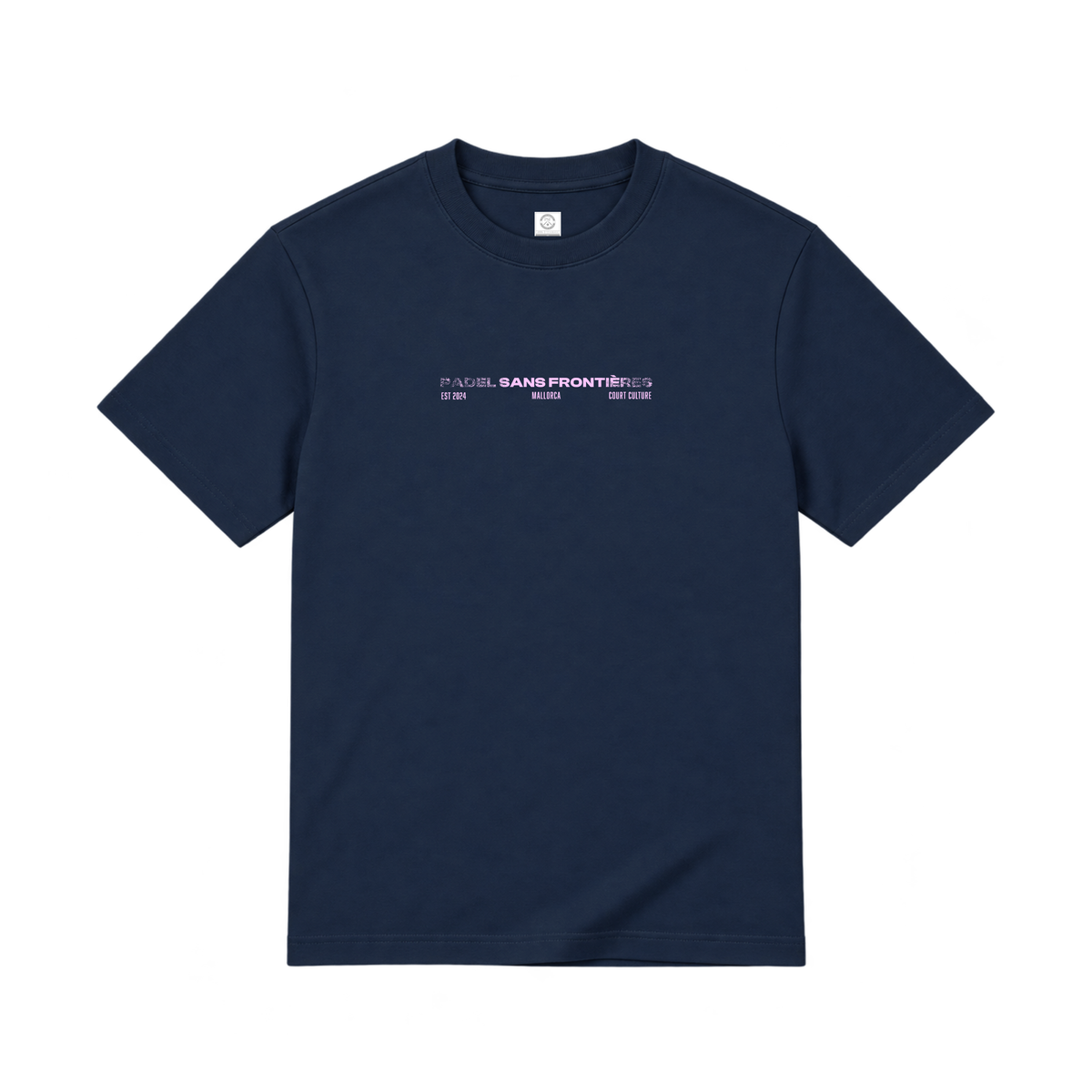 PSF Collective A navy blue short-sleeved PSF-116 Padel t-shirt centered against a white background, featuring light pink gradient text reading PADEL SANS FRONTIÈRES, EST 2024, MALLORCA, and COURT CULTURE. Designed for the Unwind