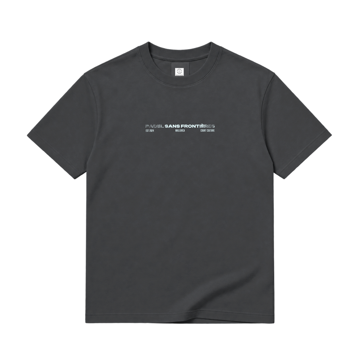 PSF Collective The PSF-117 is a charcoal gray short-sleeved padel t-shirt centered on a white background, featuring white text that reads PADEL SANS FRONTIÈRES, EST 2024, MALLORCA, and COURT CULTURE. Designed for the Unwind