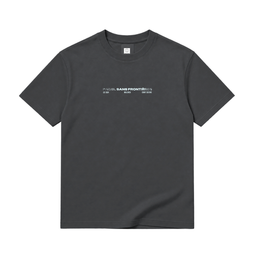 PSF Collective The PSF-117 is a charcoal gray short-sleeved padel t-shirt centered on a white background, featuring white text that reads PADEL SANS FRONTIÈRES, EST 2024, MALLORCA, and COURT CULTURE. Designed for the Unwind